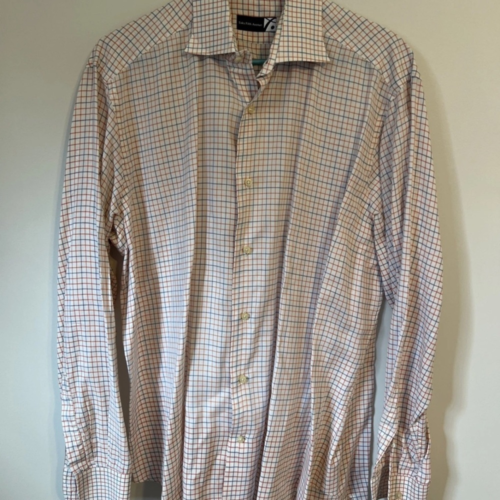 Saks Fifth Avenue Men’s Long Sleeve Dress Shirt Cream Plaid Size 16.5/42